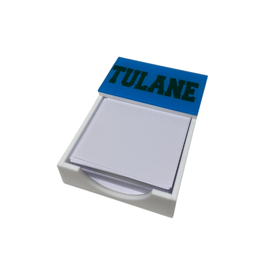 The Eye Candy College Note Pad is a white note holder with blank square sheets and a blue lid—an ideal custom school or college graduation gift.