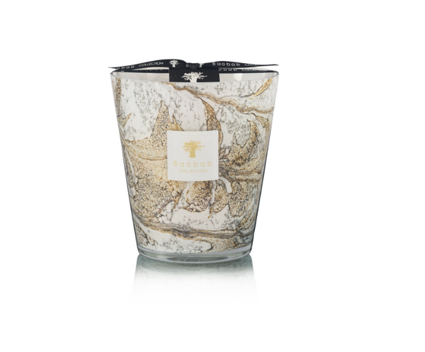 The Leaves Nais Candle by Baobab is a luxury marbled glass scented candle with white, beige, and gold swirls, topped with a black ribbon and featuring a white and gold Baobab Collection label on the front.