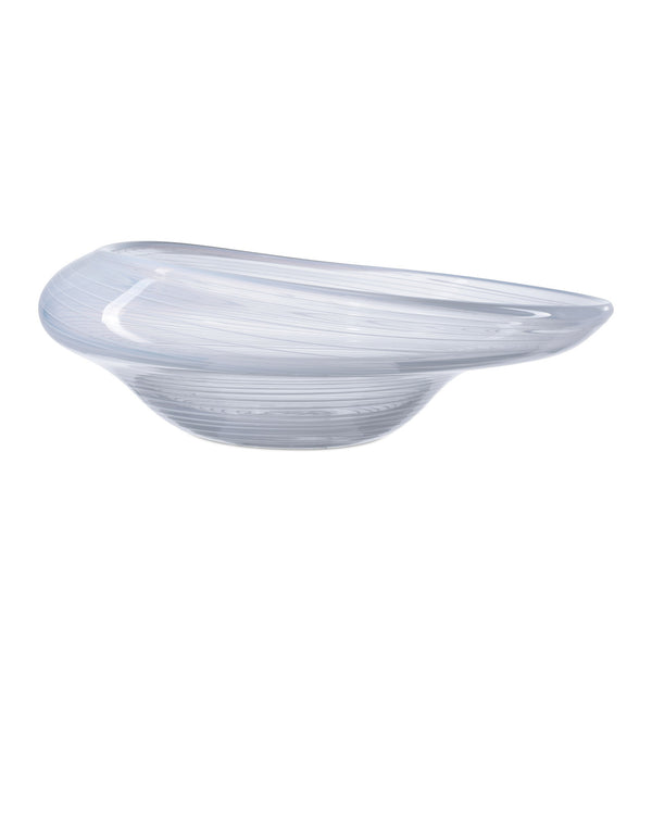 The Banzai Centerpiece Bowl by Currey & Company is a modern oval handmade glass bowl featuring a smooth, asymmetrical design with subtle white swirls—a unique decorative accent for any space.