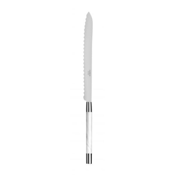 The Capdeco Conty Bread Knife White features a stainless steel silver blade and a white handle with metallic accents, made in France, shown against a plain white background.