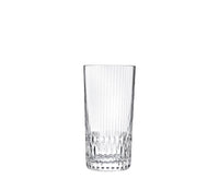 A clear, tall Apollo Barware glass by Saint-Louis/Hermes features vertical Venetian stripes and a textured base, shown against a plain white background.