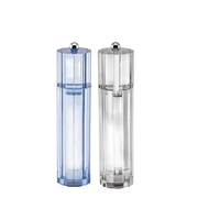 The Addison Ross Flute Salt & Pepper Shaker set features clear and blue acrylic mills with silver tops and a ceramic mechanism, displayed against a white background.