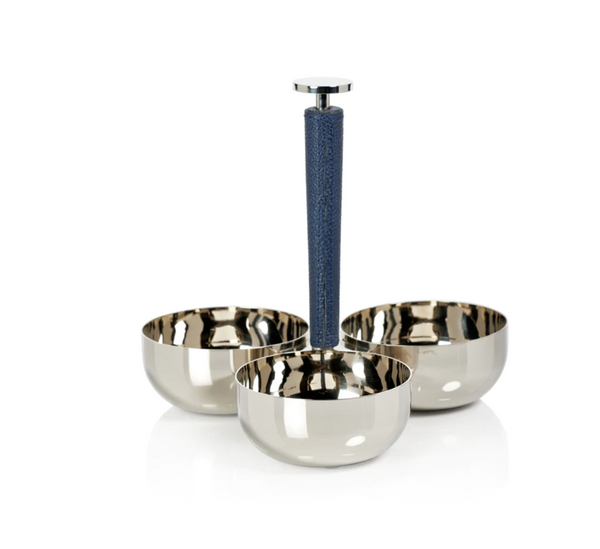 The Zodax Laguna Condiment Set features three stainless steel bowls joined at the base and a blue-wrapped central handle, creating an elegant barware accent for your collection against a white background.