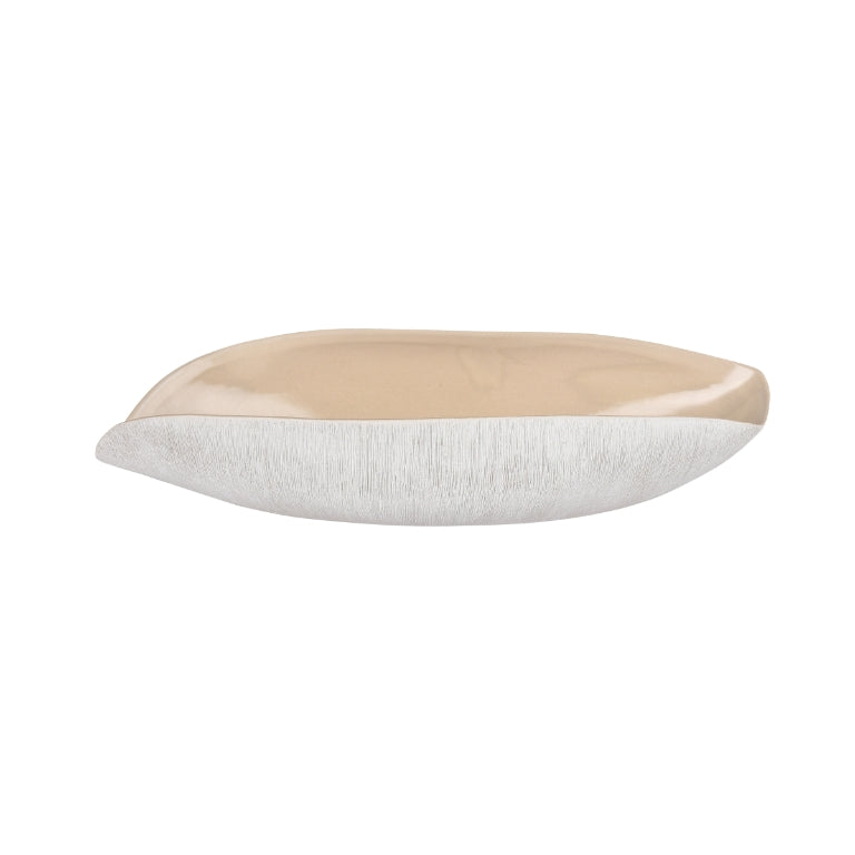 The Elk Group Norwood Beige Bowl is an oval earthenware display piece featuring a beige glossy interior and a textured white matte exterior, shown on a white background.