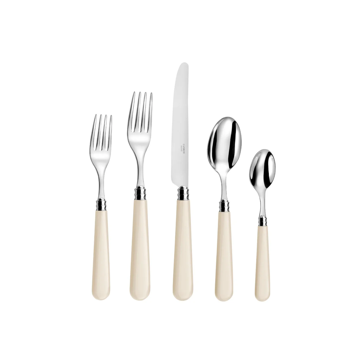Five pieces of Capdeco Altea Flatware 5 PPS with cream-colored handles—two forks, one knife, one tablespoon, and one teaspoon—are displayed side by side on a white background, highlighting their elegant high-quality steel design.
