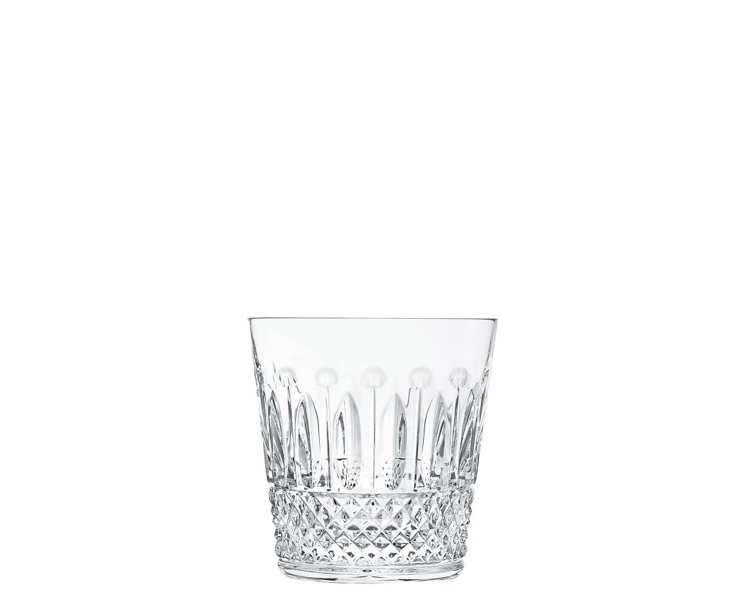 The Saint-Louis Tommy Barware crystal glass tumbler features exquisite diamond-cut facets and a textured design near the base, beautifully showcasing skilled glasscraft artistry against a plain white background.