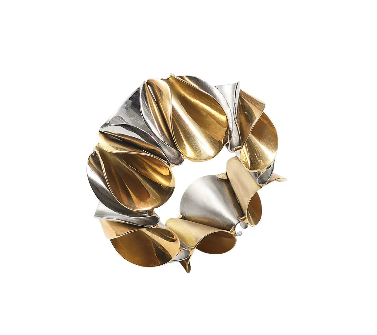 The Kim Seybert Enigma Napkin Rings Gold & Silver Set of 4 features interlocking metallic segments shaped like flowing petals, creating a sculptural, modern allure reminiscent of elegant jewelry against a white background.