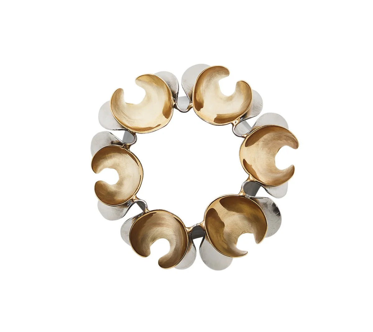 Inspired by Kim Seybert’s Enigma Napkin Rings Gold & Silver Set of 4, this circular bracelet features alternating gold and silver crescents, evoking luxurious table decor with a striking contrast against a white background.