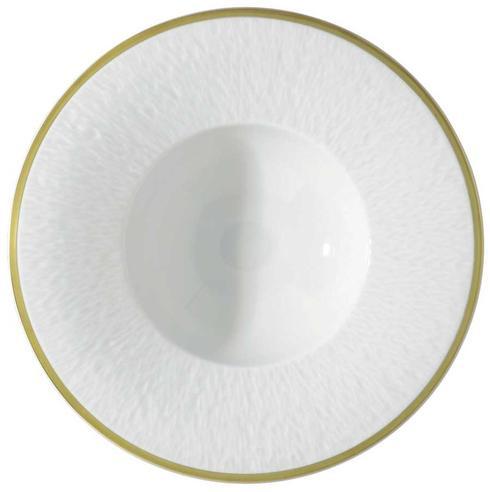 The Mineral Irise Gold Filet Dinnerware by Raynaud is a modern round white plate with a subtle textured pattern, thin gold rim, and gentle central indentation creating a shallow bowl effect.