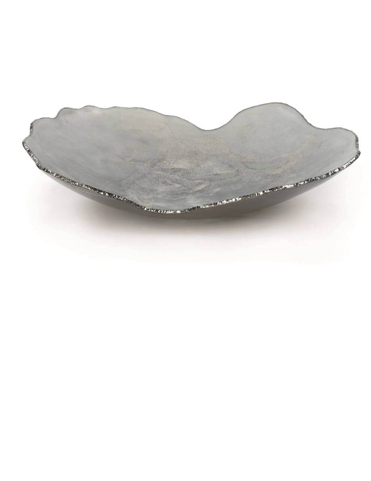 A shallow, irregularly shaped metallic bowl with a textured, uneven rim—reminiscent of artisan glasswork by Regina Medeiros—the Gardeco Mapa Grey & Silver Trim Bowl is showcased against a plain white background.
