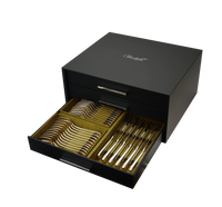 Black Christofle Silver Care Storage Chest 108 or 120 pieces - 10 Modules (sold empty) with an open drawer containing organized slots for silver flatware.