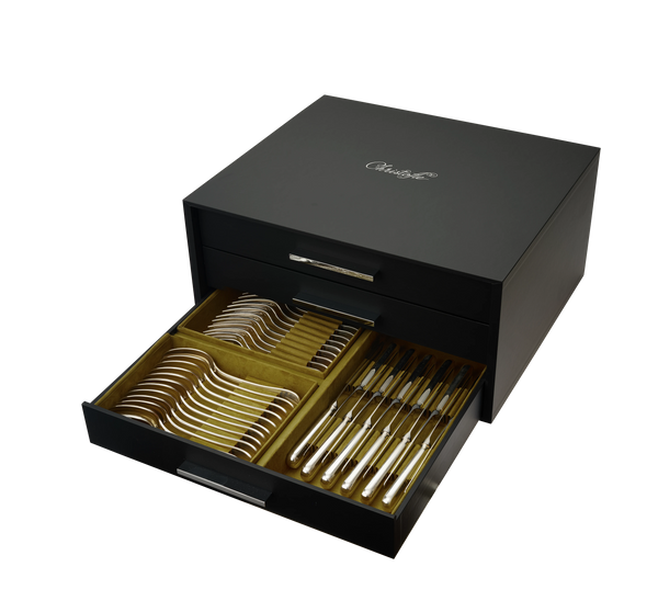 Black Christofle Silver Care Storage Chest 108 or 120 pieces - 10 Modules (sold empty) with an open drawer containing organized slots for silver flatware.