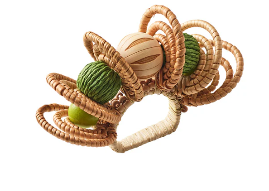 Inspired by the Kim Seybert Calypso Napkin Ring Set of 4 in Natural & Green, this circular woven cat toy features spiral rings and three textured balls—two green, one wooden—held together for playful batting and chewing, echoing the stylish rattan patterns perfect for beach-themed décor.