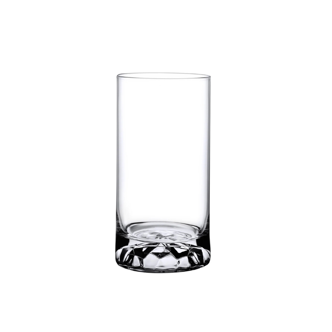 The Nude Glassware Club Drinkware Set of 4 features clear, cylindrical, lead-free crystal tumblers with thick bases—perfect for a modern industrial look on any white background.