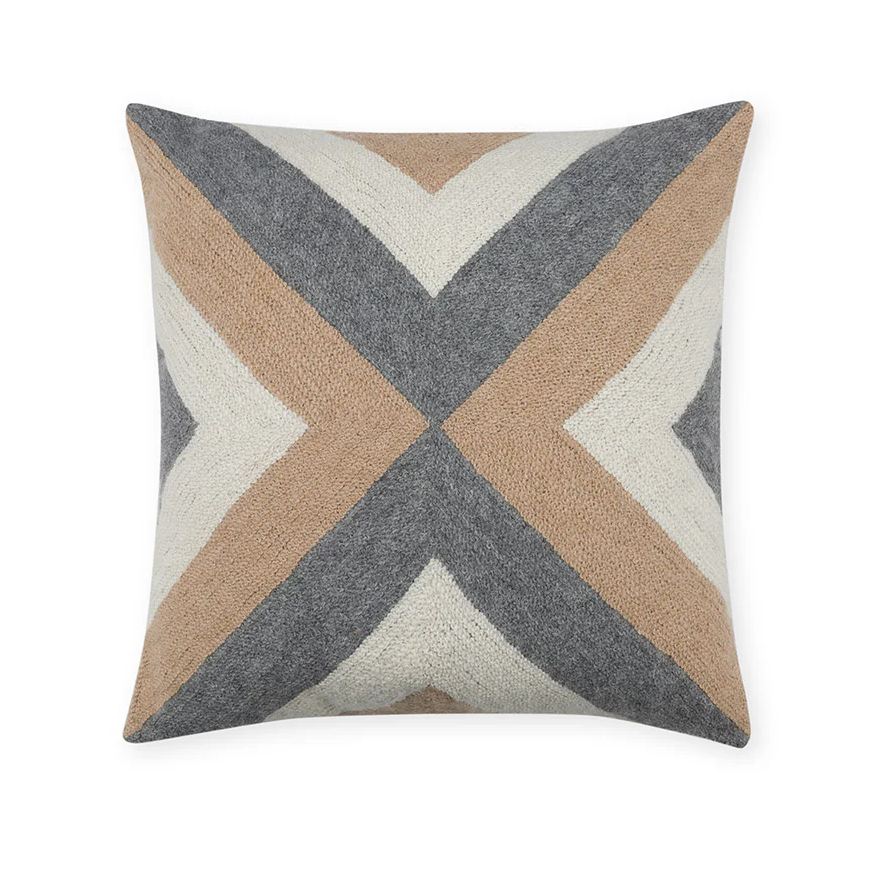 The Johanna Howard Grinda Alpaca Pillow in Camel & Grey (18x18) features a textured cover with a bold X geometric pattern in neutral beige, grey, and off-white tones—perfect for adding contemporary style to any decor.