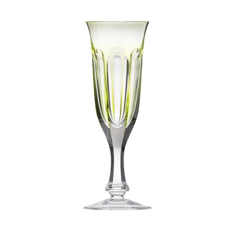 The Moser Lady Hamilton Champagne Glass 140ml is a clear hand-cut crystal flute with a subtle green rim, vertical cut patterns, and a slender stem on a round base, echoing classic Lady Hamilton drinkware style.