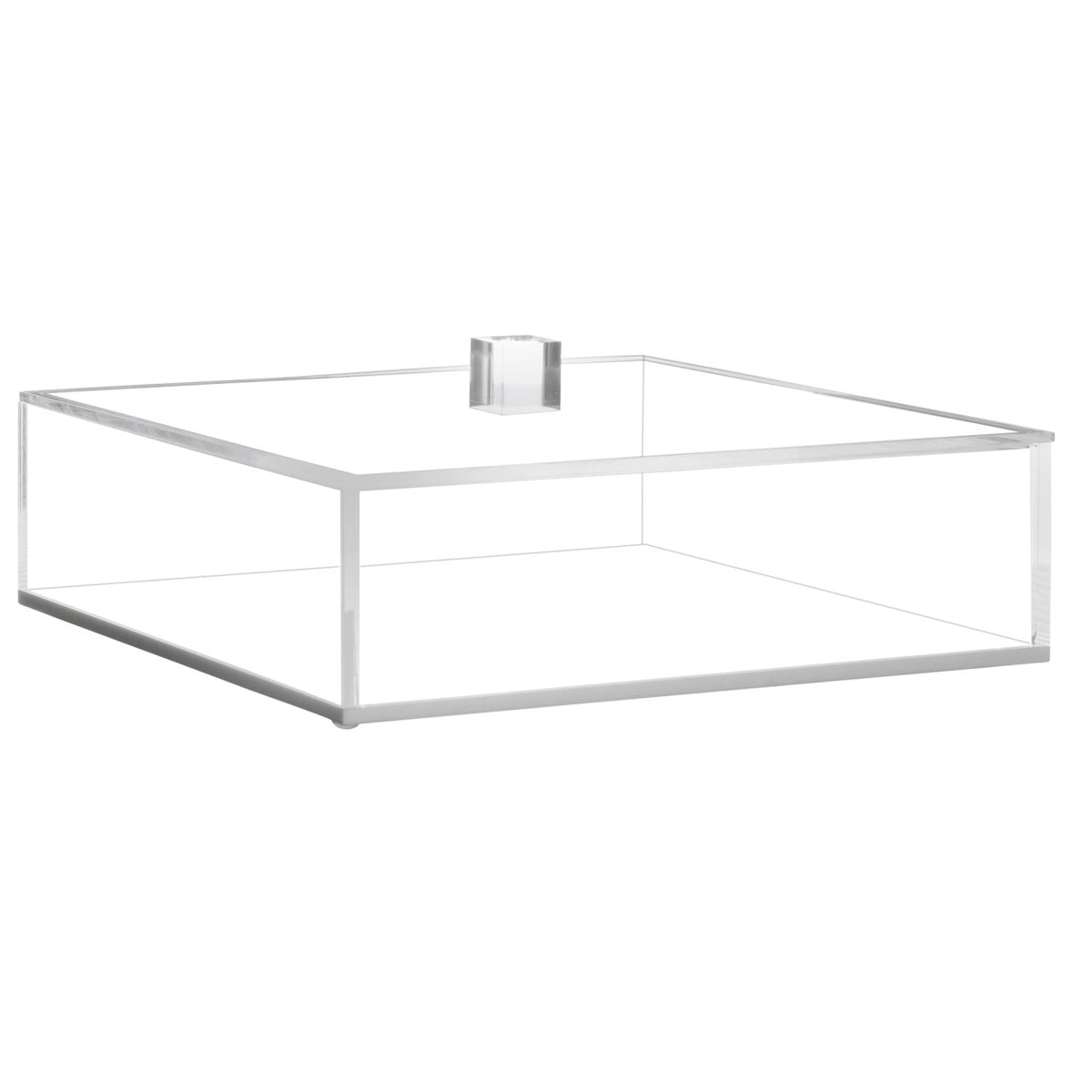 The BT-Shalom Lucite Matzah Box With Lid features a clear square design and a flat lid with a small rectangular handle, displayed on a white background.