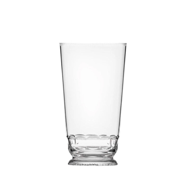The Moser Mozart glass tumbler features a clear, empty design with a slightly flared rim and a decorative, textured base, shown against a plain white background.