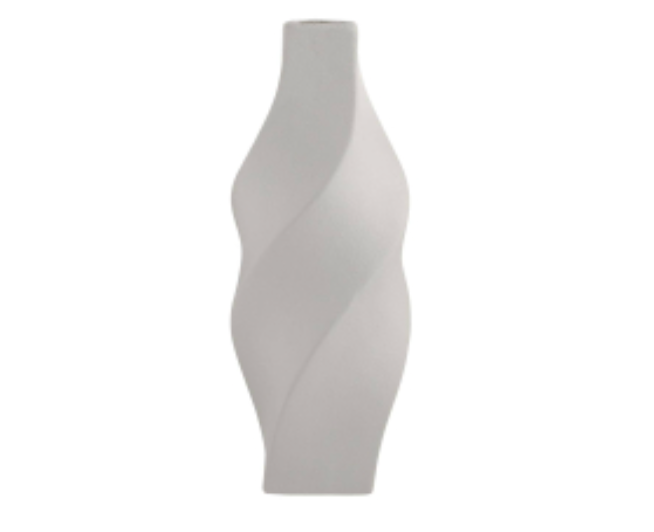 Tall, white Scylla Vase with a spiraling, twisted silhouette.