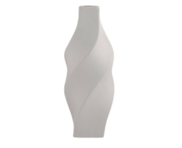 Tall, white Scylla Vase with a spiraling, twisted silhouette.