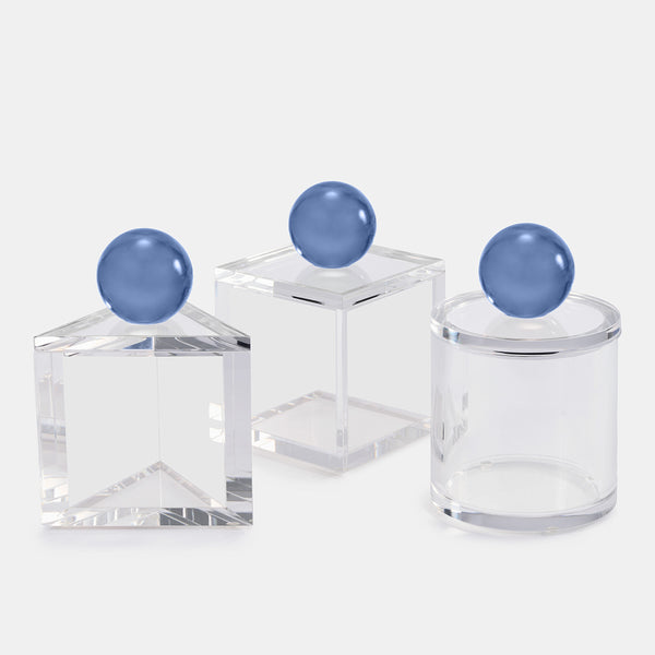 The Luho Boba Bottles Sky & Cleare Set of 3 features pentagonal, square, and cylindrical clear bottles with blue sphere tops—making a bold sculptural statement against any light backdrop.