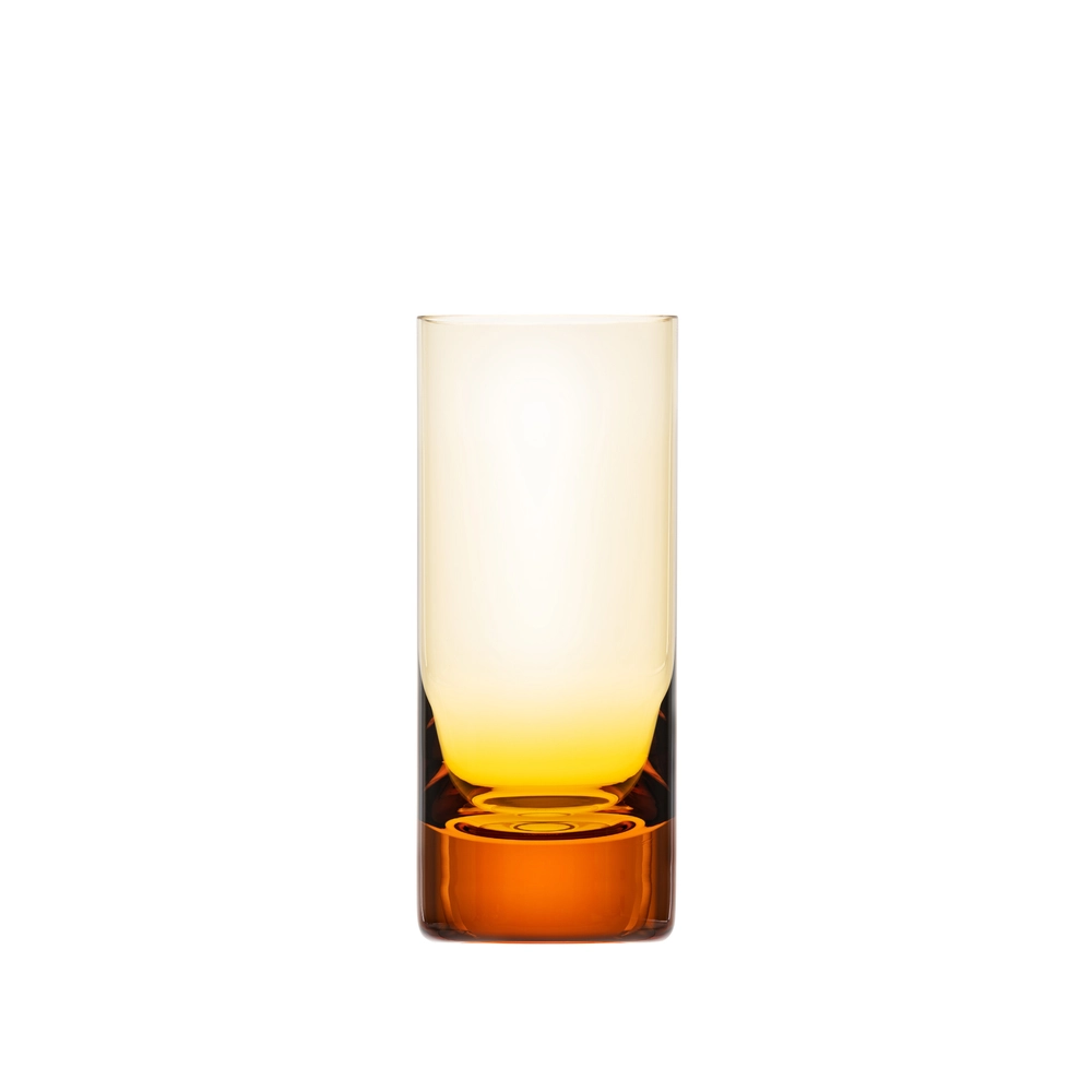 The Moser Whiskey Spirit Glass features a clear gradient design that fades from light yellow at the rim to amber orange at the base, displayed against a plain white background.
