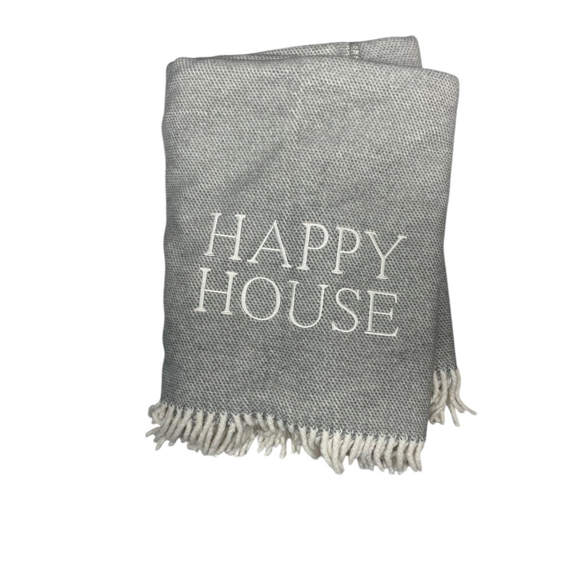 The A Soft Idea Happy House Throw is a stylish, machine-washable home exclusive in folded gray with white fringe and bold “HAPPY HOUSE” text—perfect for adding cozy charm to any space.