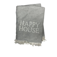 The A Soft Idea Happy House Throw is a stylish, machine-washable home exclusive in folded gray with white fringe and bold “HAPPY HOUSE” text—perfect for adding cozy charm to any space.