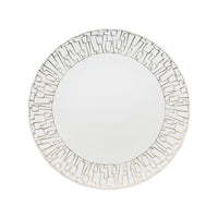 The Rosenthal Tac Skin Gold Dinnerware features a round white plate with a durable glaze and an elegant gold geometric rim, showcasing interconnected angular shapes on a sleek, plain background.