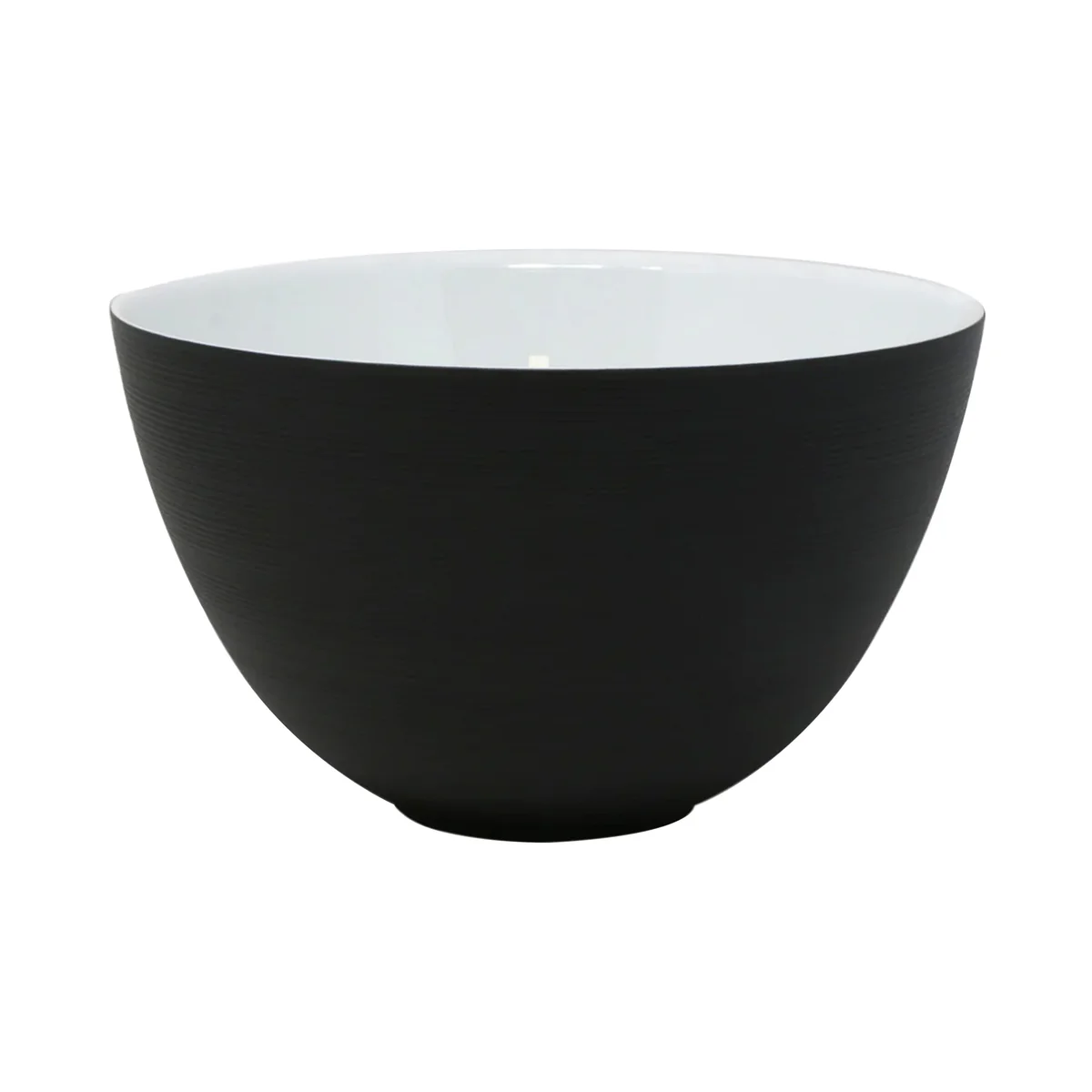 The JL Coquet Hemisphere Dinnerware Bakelite Black features a modern round bowl with a matte black exterior, glossy white interior, and is displayed on a plain white background.