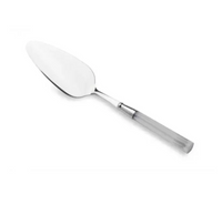 A stainless steel pie server with a flat triangular blade and transparent handle from Capdeco's Doric Serving Utensils, set against a white background.