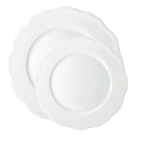 Two Argent White Dinnerware plates by Raynaud—one small, one large—with elegant scalloped edges overlap on a white background, highlighting the refined porcelain tableware.