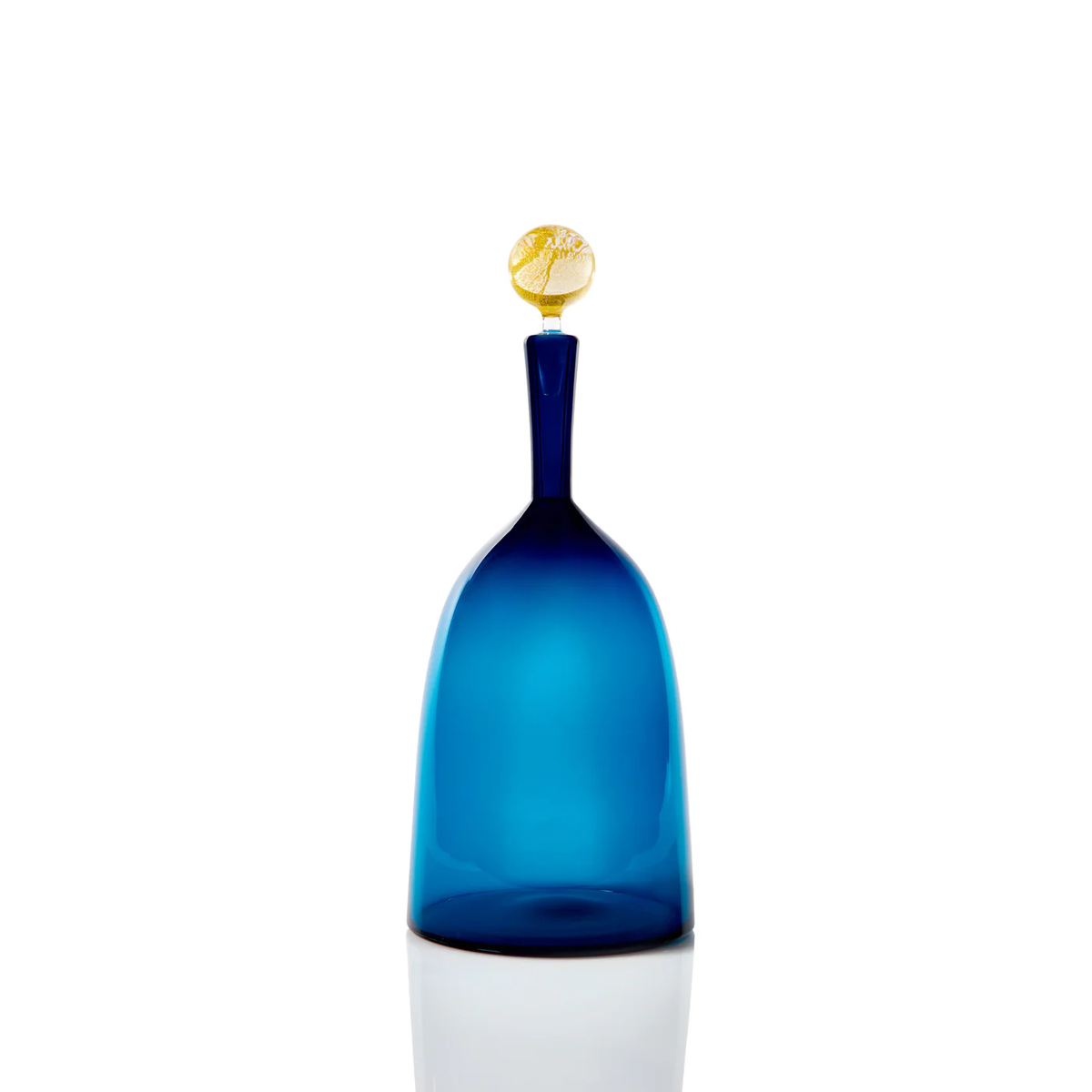 The Cariati Carmella Decanters Steel Blue & Gold features a tall, elegant handblown blue glass bottle with a long neck and round golden stopper, embodying luxury barware against a white background.