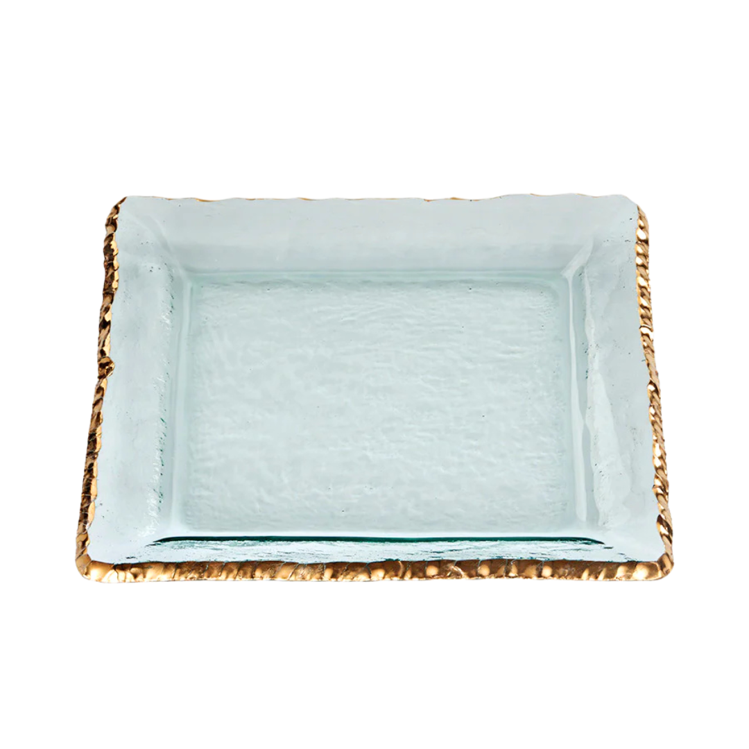 The Annieglass Edgey Square Platter Gold 12" is a handmade glass platter with textured, raised edges, a 24kt gold border, and a clear yet slightly frosted look for an elegant touch.