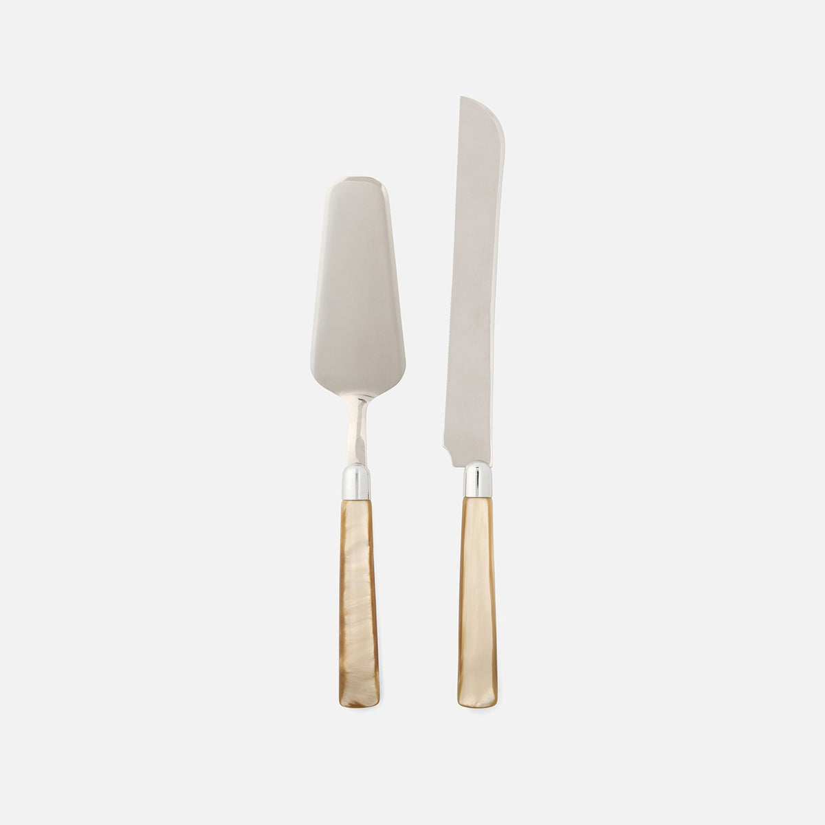 The Colson Cake Serving Set by Blue Pheasant includes a server and knife with stainless steel blades and glossy light brown handles, shown side by side on a white background—ideal for an elegant dessert presentation.