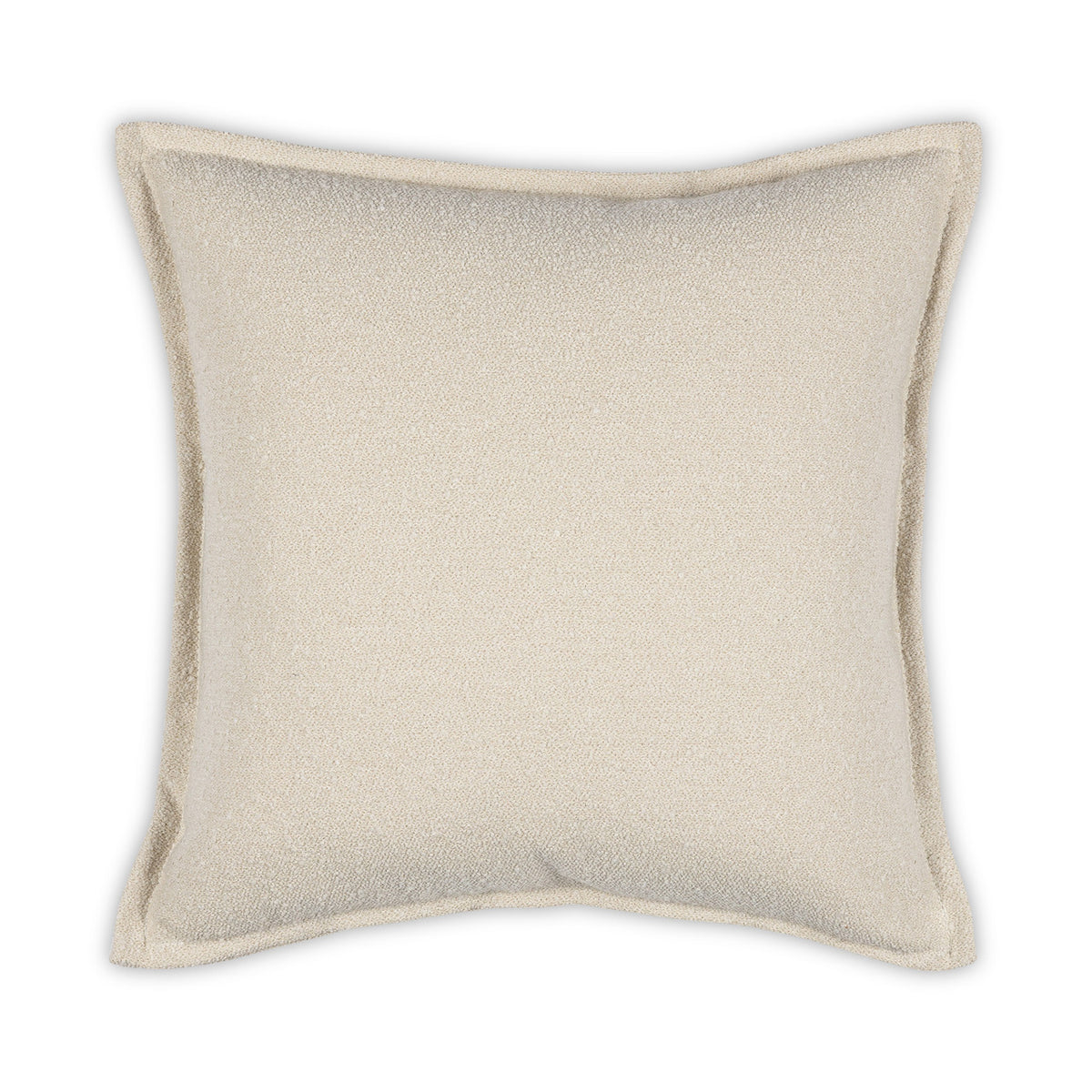 The Oakley Bone Penelope Pillow by Moss Studio is a square, light beige decorative pillow featuring subtly textured fabric reminiscent of boucle and finished with a stitched flange border, shown against a white background.