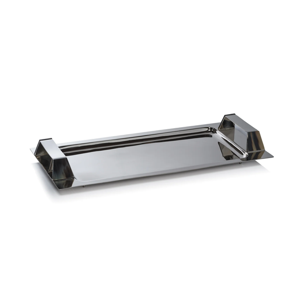Belmont Rectangle Bar Tray, a rectangular polished metal bar tray with elevated side handles.