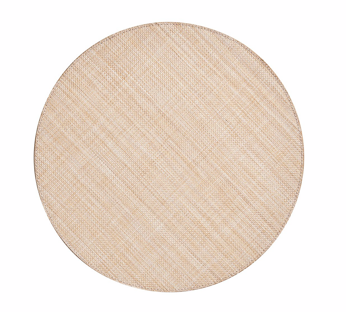 The Kim Seybert Portofino Placemat Set of 4 in Natural features round, beige woven placemats with a subtle diagonal pattern, reminiscent of raffia, shown from above against a white background.