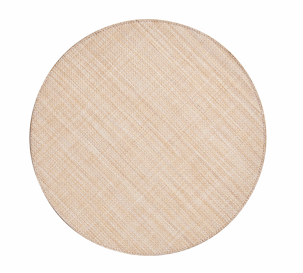 The Kim Seybert Portofino Placemat Set of 4 in Natural features round, beige woven placemats with a subtle diagonal pattern, reminiscent of raffia, shown from above against a white background.