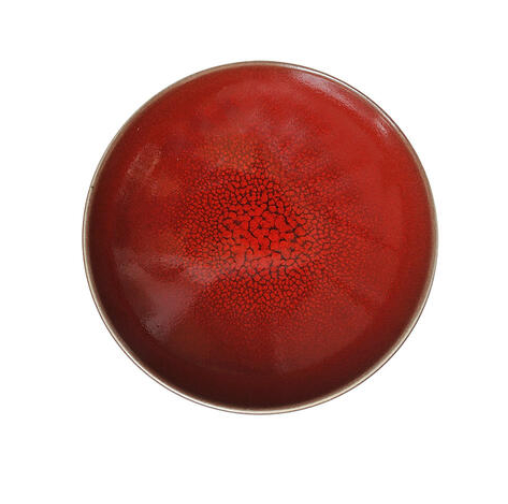 The Tourron Dinnerware Cerise by Jars - Rosenthal is a round ceramic plate featuring a glossy red glaze and crackled center pattern, shown from above on a white background.