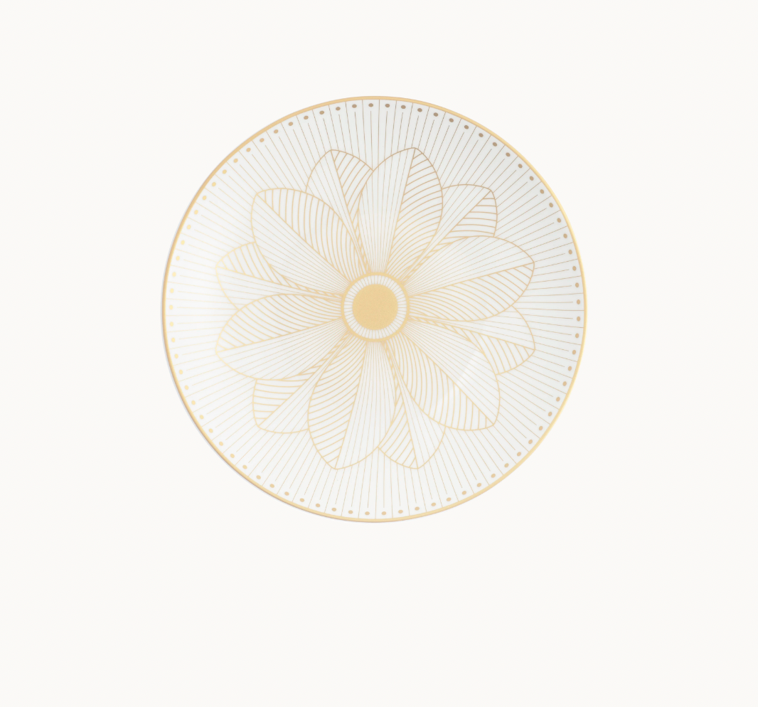 A white Christofle Malmaison Imperiale Porcelain Dinnerware Gold dinner plate, featuring a central gold geometric flower pattern and a delicate dotted gold border.