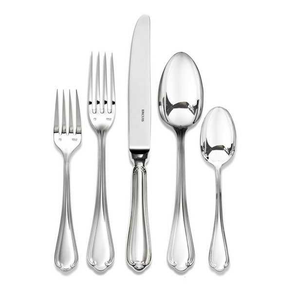 The Ercuis Sully Stainless Steel Flatware 5 Piece Setting by Ercuis includes a salad fork, dinner fork, knife, soup spoon, and teaspoon—all featuring matching ornate handles with elegant scalloped detail.