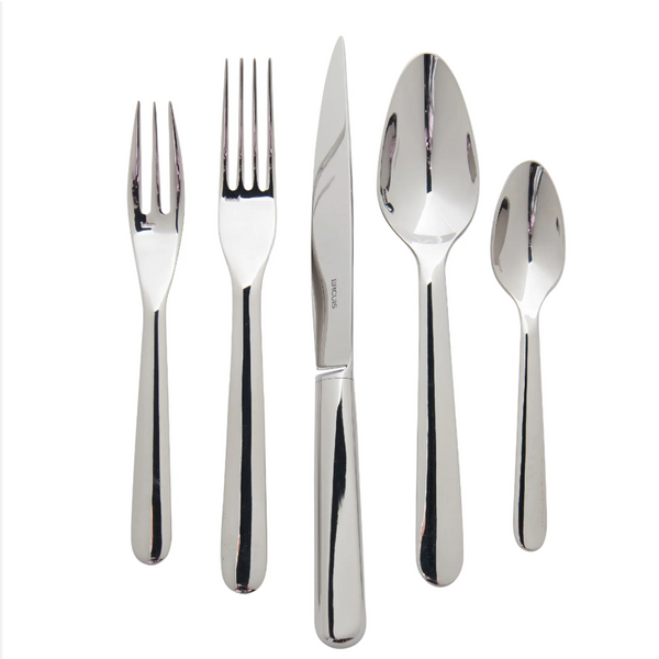 The Ercuis Equilibre Stainless Steel Flatware 5 Piece Setting by Ercuis, made in France, includes a salad fork, dinner fork, knife, tablespoon, and teaspoon—all arranged upright on a white background.