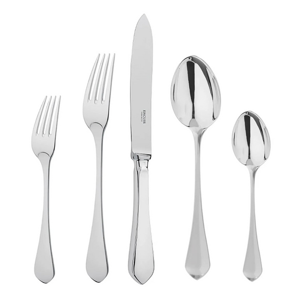 The Ercuis Citeaux Stainless Steel Flatware 5 Piece Setting by Ercuis includes a dinner fork, salad fork, knife, tablespoon, and teaspoon arranged side by side on a white background. Made in France for outstanding quality and style.