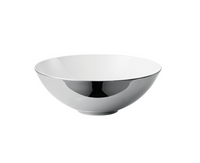 The Rosenthal Skin Platinum TAC 02 Dinnerware bowl features a reflective silver exterior, platinum accents, and a white interior, displayed elegantly on a plain white background.