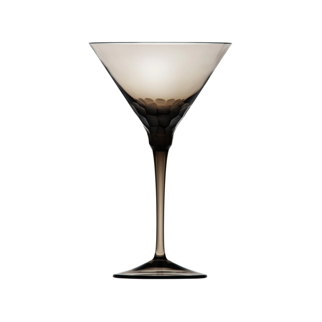 The Moser Pebbles Martini Glass (260 ml) features smoked crystal, handcrafted with dimpled details near the base, showcased against a plain white background.