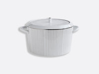 The Bernardaud Silva Dinnerware Serving Piece is a white ceramic pot with side handles, a matching lid, subtle vertical textures, and a platinum relief silver rim—an elegant accent against a plain light background.