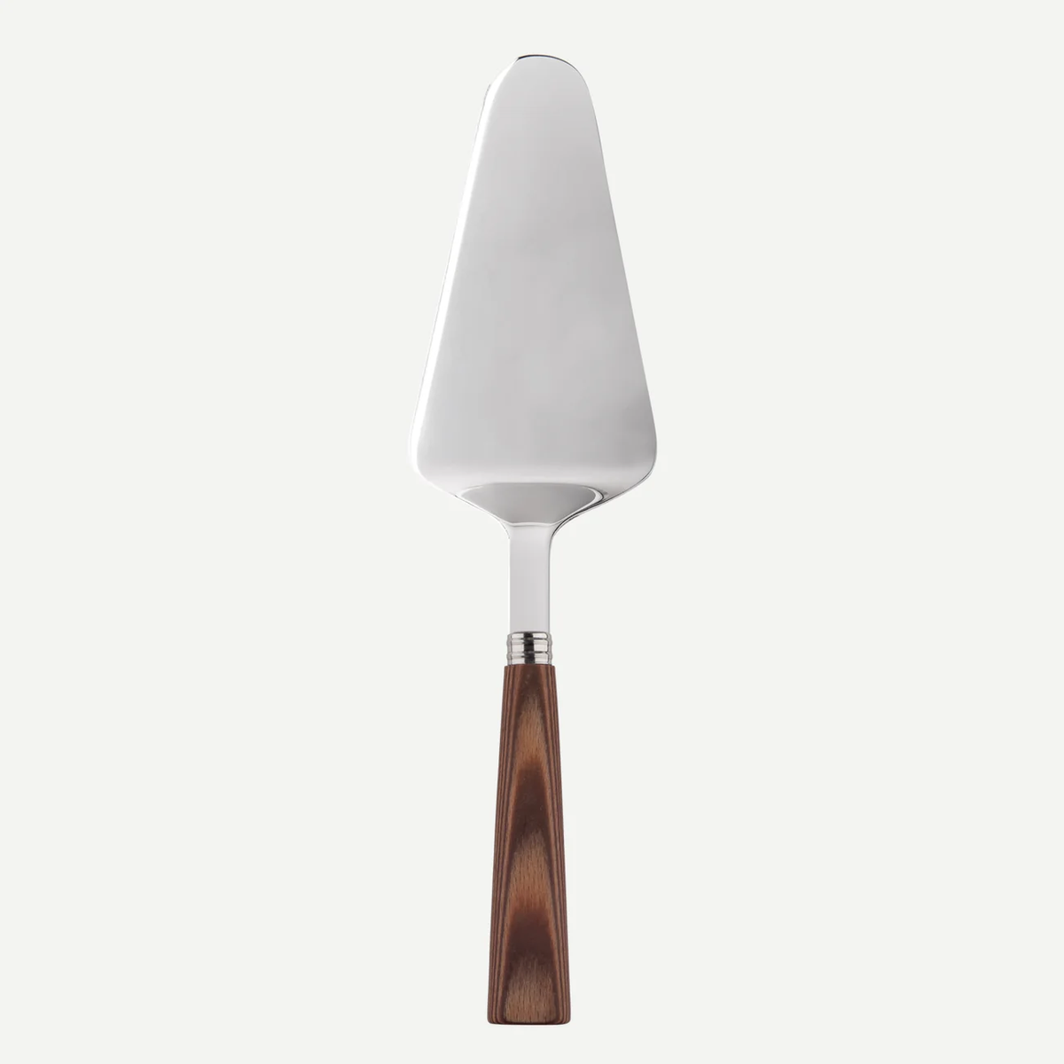 The Sabre Nature Tart Server features a wide, flat triangular stainless steel blade and a chocolate-colored wood handle. Dishwasher safe, this stylish pie server is shown on a plain light background.