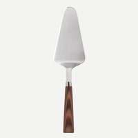 The Sabre Nature Tart Server features a wide, flat triangular stainless steel blade and a chocolate-colored wood handle. Dishwasher safe, this stylish pie server is shown on a plain light background.