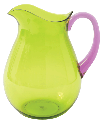 The Caspari Acrylic Handled Pitcher in Green/Amethyst features a translucent green body with a wide shape, curved spout, and thick amethyst acrylic handle, all set against a plain white background.